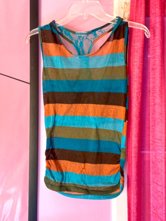 Vintage Tops - Vintage Y2k Sheer Knit Top Colorblock Stripes Lace Back Detail Ruched Size Small
